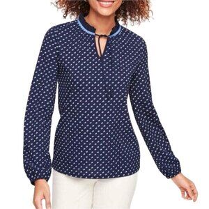 Talbots Blue White High Ruffled Collar Tie Neck Blouse Size M